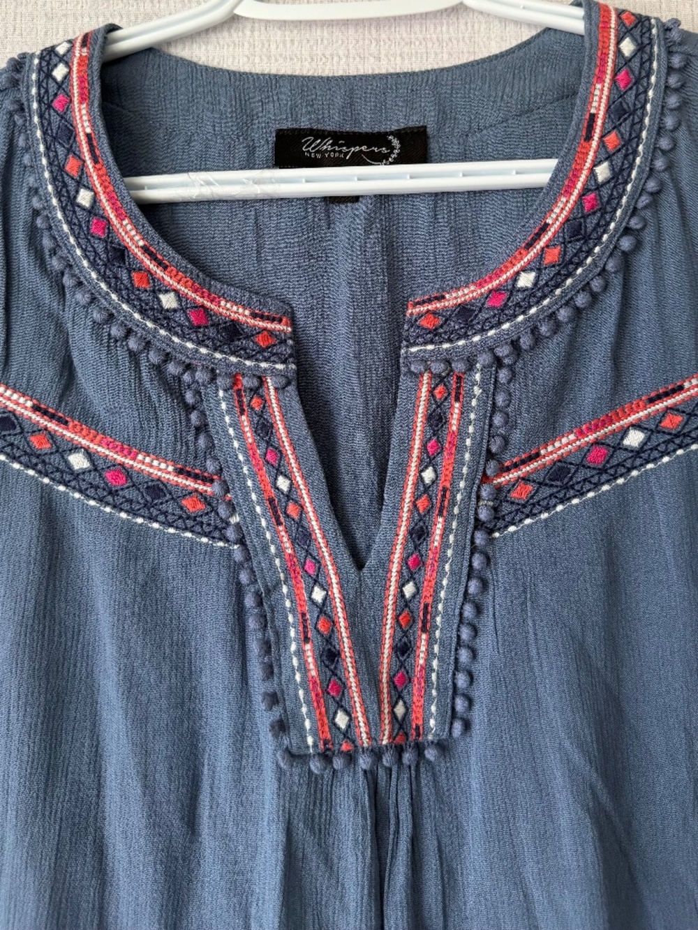 Whispers Womens Tank Shirt 1X Blue with Embroidery  Boho